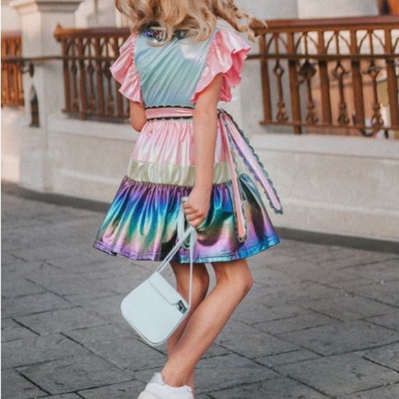 Only Little Once Metallic Rainbow Ruffled Dress for Girls 5Y - Picture 2 of 5